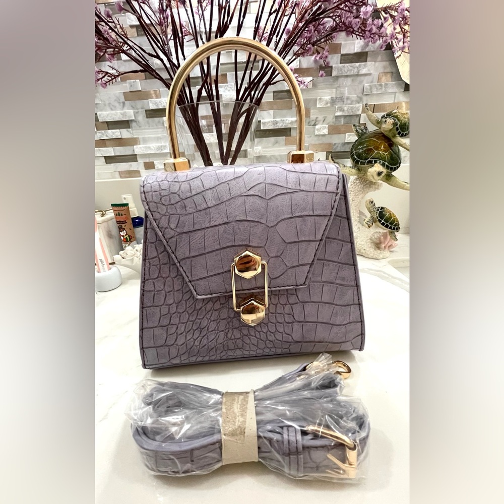 Badgley Mischka Lavender Croc-Embossed Top Handle Satchel with Gold Hardware
